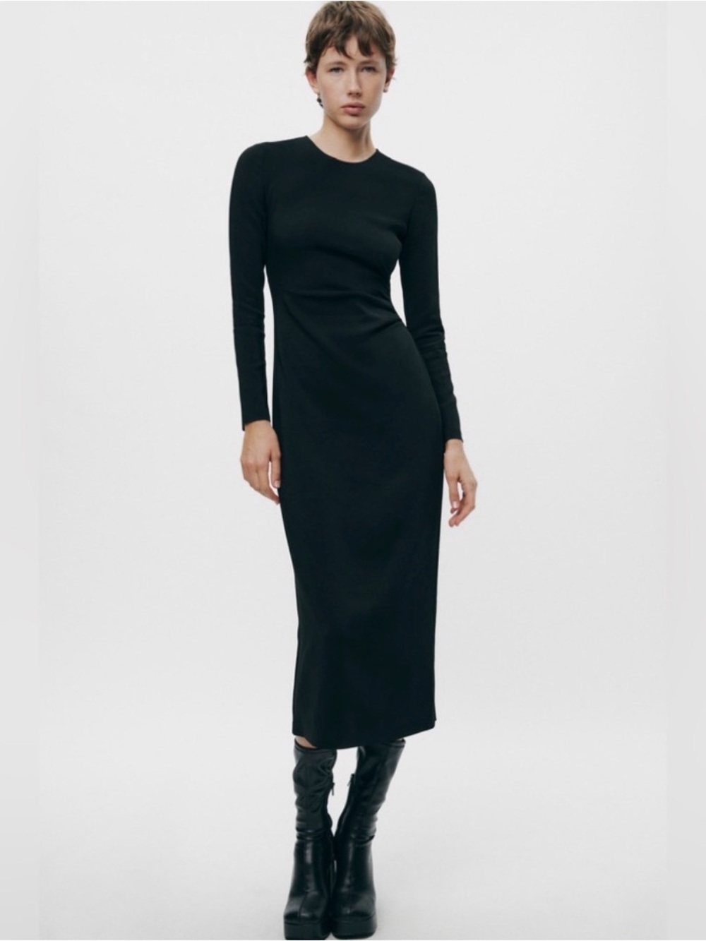 Zara Side Ruched Dress - Long Sleeve Black Midi Dress - Sz M